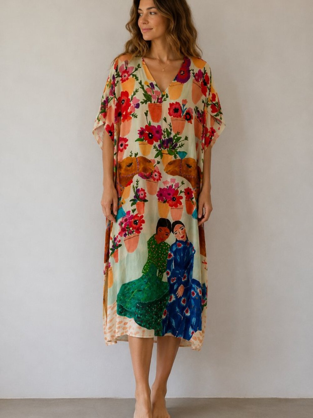 CAROLINA K 100% Silk Crepe Floral Kaftan Dress Women’s Small Boho Button Front